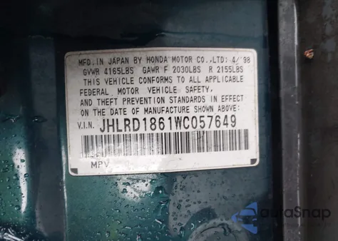 1998 Honda Cr-V Ex из США, поврежденный, VIN JHLRD1861WC057649